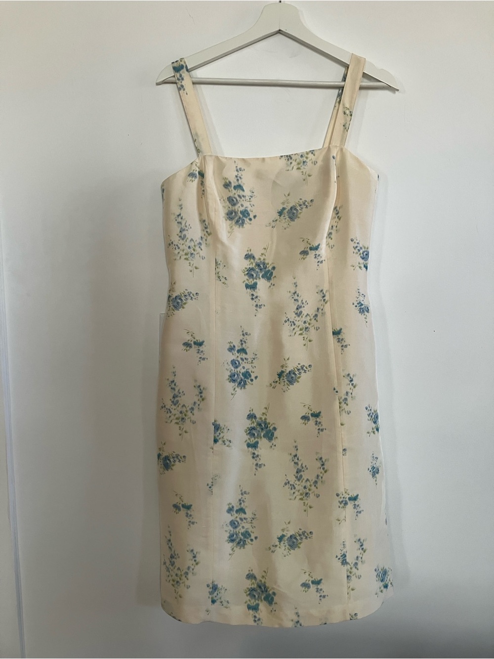Vintage 90s Ann Taylor Cream and Blue Floral Print Silk Dress